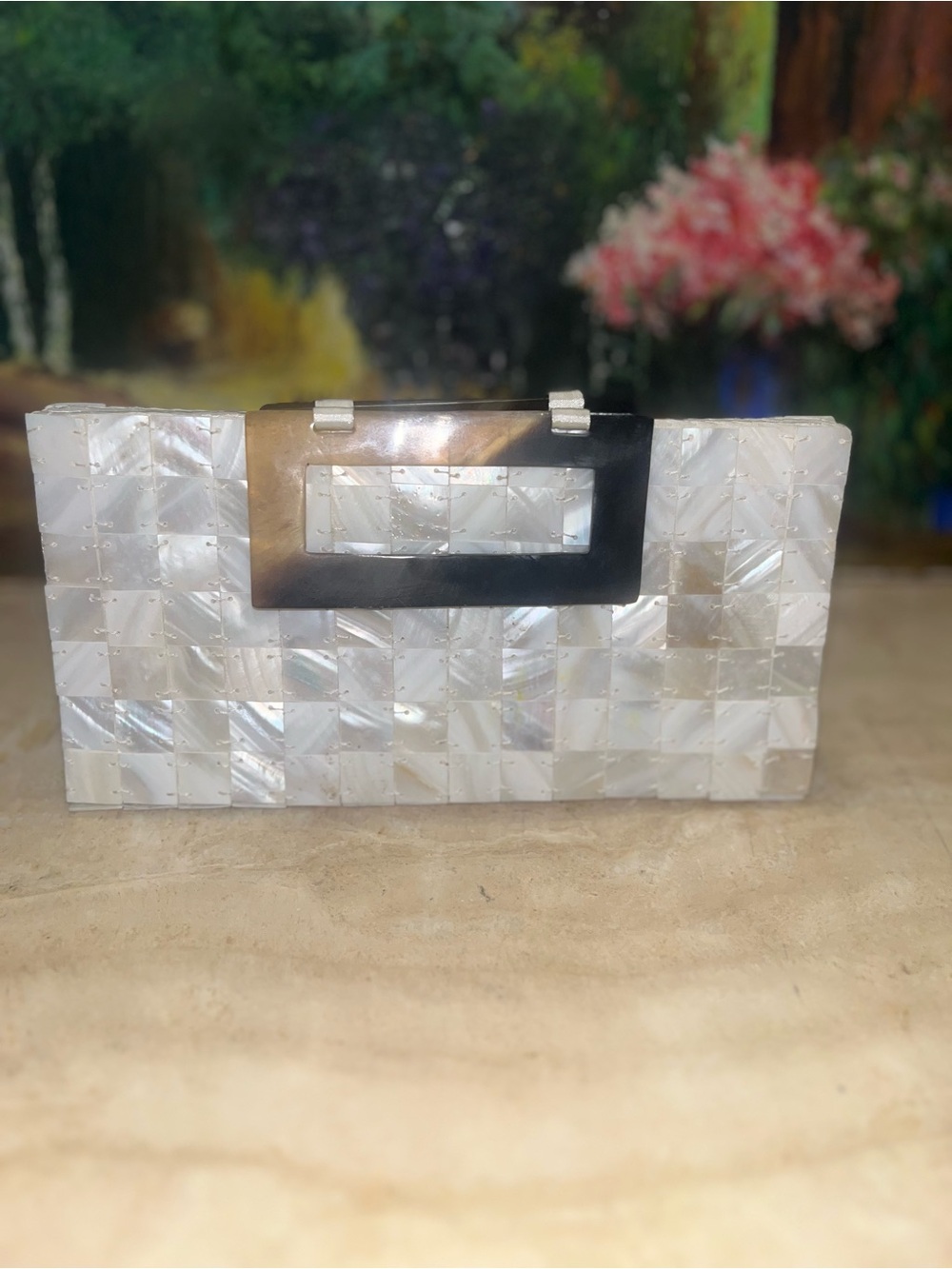 Mother of Pearl Rectangular Clutch with Silver Handle